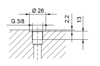 Esquema de rosca de tubo ISO 228 parte 1 - G3/8 para espigas roscadas según DIN 3852 parte 2, forma A (con junta tórica según DIN 3869) o forma B (con borde de estanqueidad)