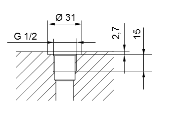 Esquema de rosca de tubo ISO 228 parte 1 - G1/2 para espigas roscadas según DIN 3852 parte 2, forma A (con junta tórica según DIN 3869) o forma B (con borde de estanqueidad)