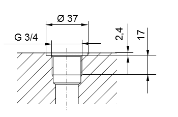 Esquema de rosca de tubo ISO 228 parte 1 - G3/4 para espigas roscadas según DIN 3852 parte 2, forma A (con junta tórica según DIN 3869) o forma B (con borde de estanqueidad)