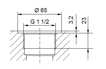 Esquema de rosca de tubo ISO 228 parte 1 - G1 1/2 para espigas roscadas según DIN 3852 parte 2, forma A (con junta tórica según DIN 3869) o forma B (con borde de estanqueidad)